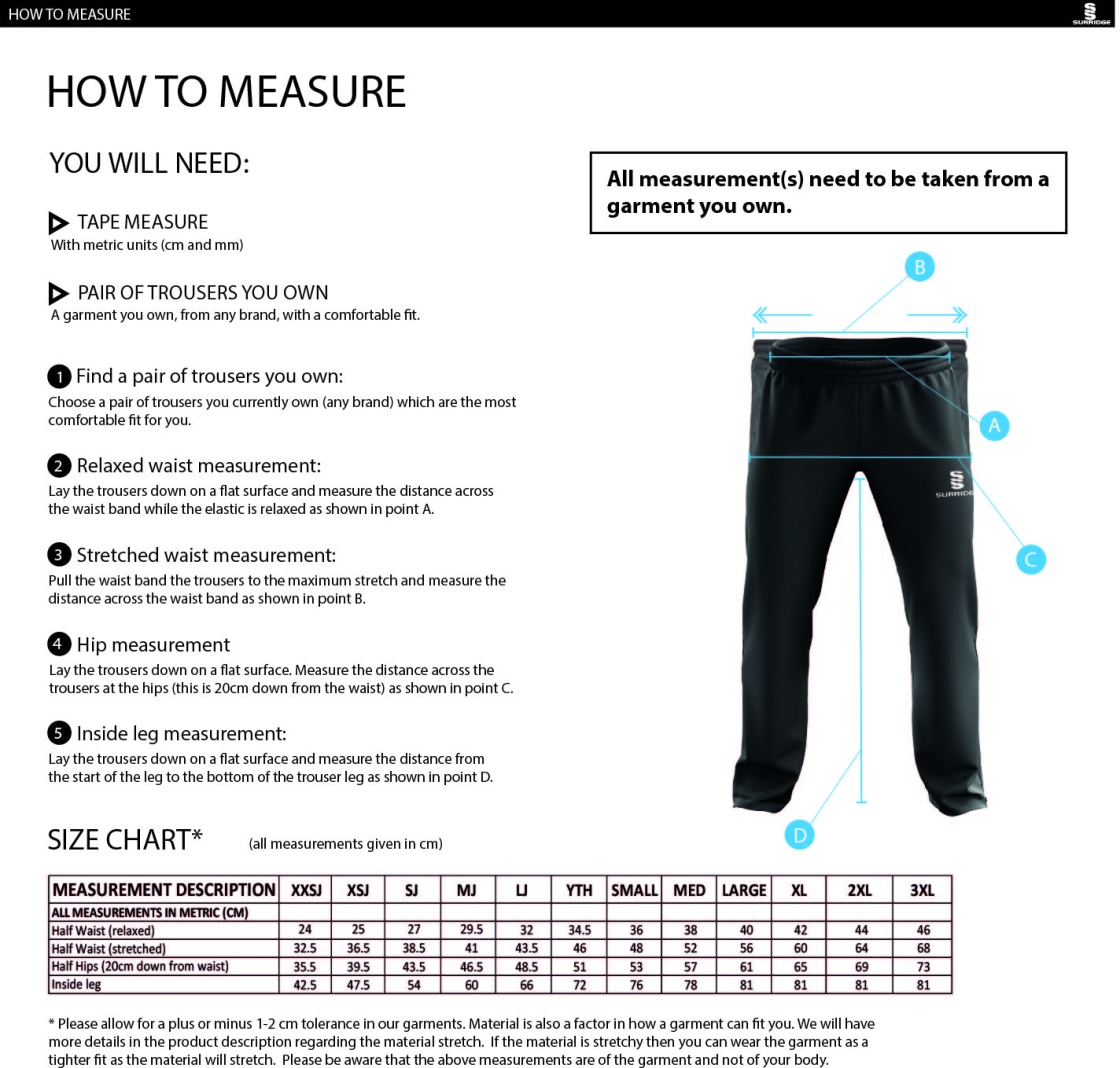 Coleraine CC POPLIN TRACK PANT WITH LYCRA - Size Guide