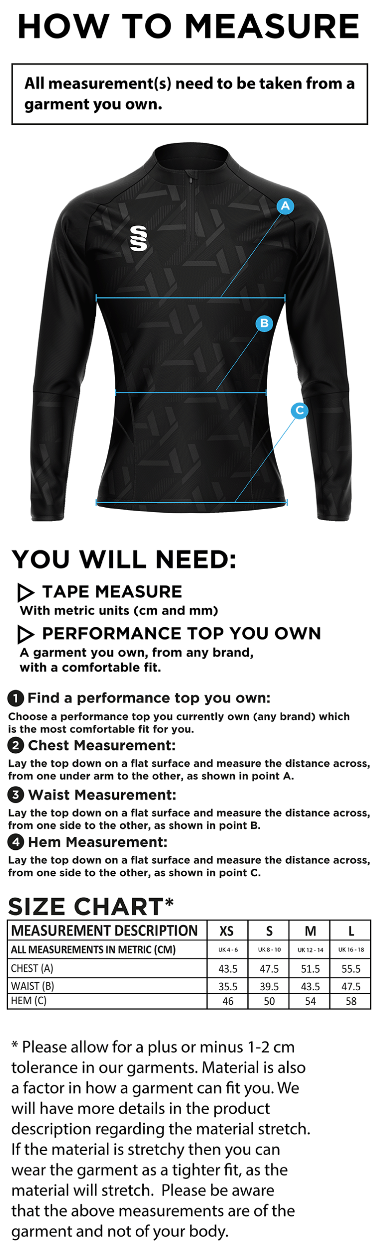 Ballymena CC - Tempo Performance Top - Black Red - Women's Fit - Size Guide