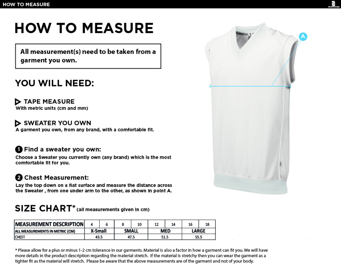 Brackley CC Blast Sleeveless Cricket Sweater - Size Guide