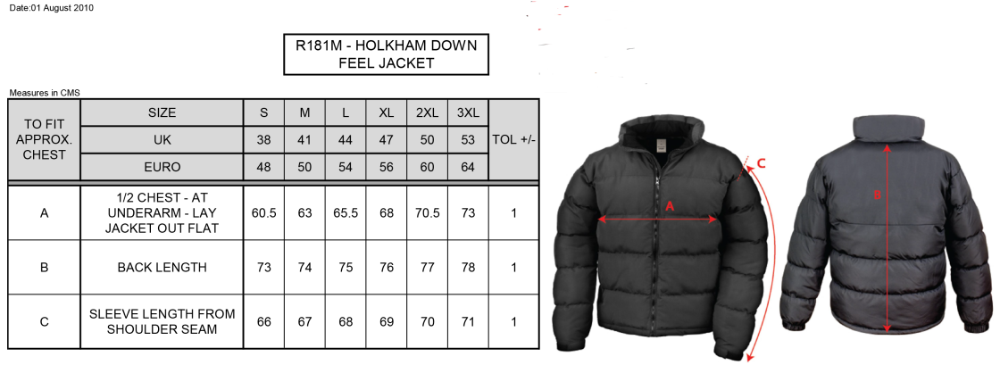 COLERAINE CC Holkham Down Feel Jacket : Black - Size Guide