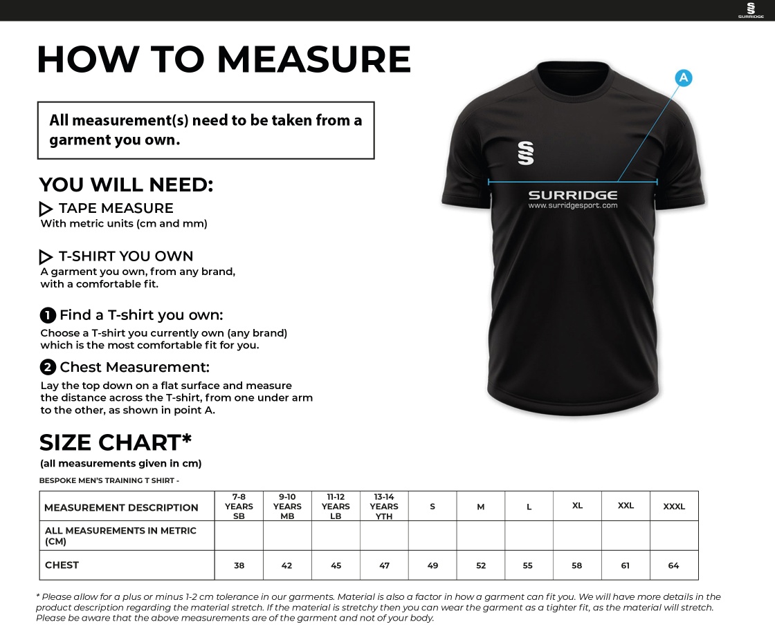 Ballymena CC - Tempo T-Shirt - Black/Red - Unisex Fit - Size Guide