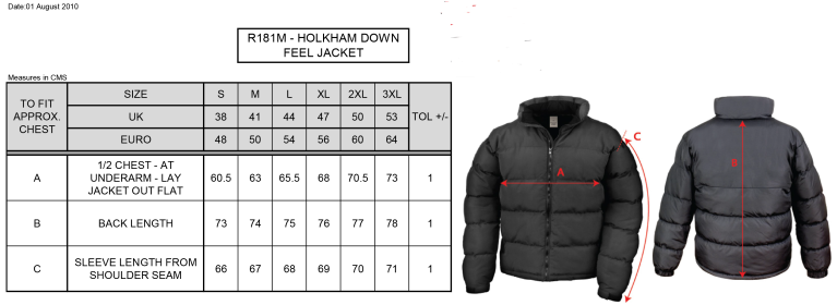 COLERAINE CC Holkham Down Feel Jacket : Black - Size Guide