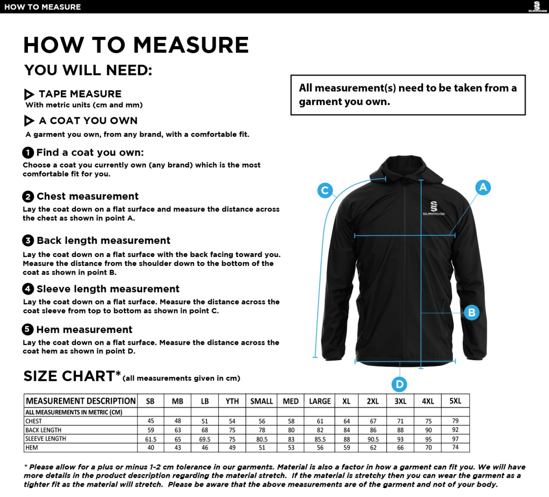 Ballymena CC - Dual Full Zip Training Jacket - Unisex Fit - Size Guide