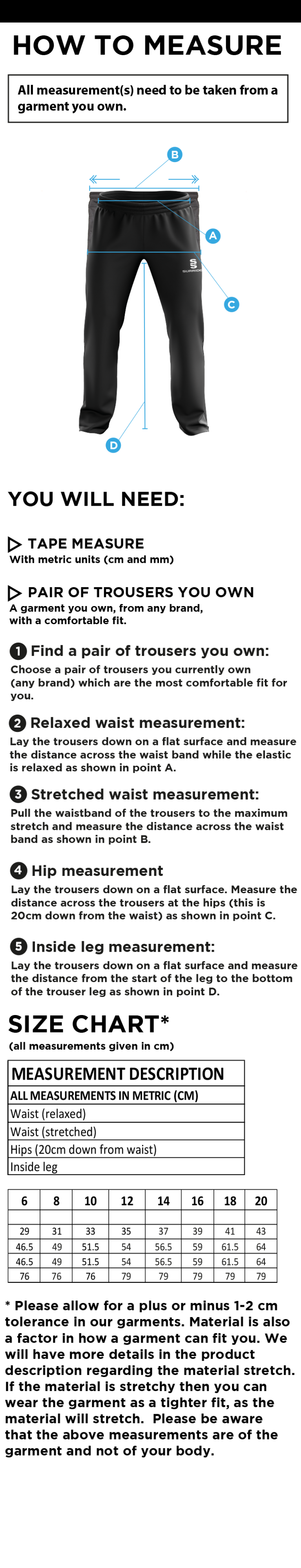 Coleraine CC POPLIN TRACK PANT WITH LYCRA - Women's Fit - Size Guide
