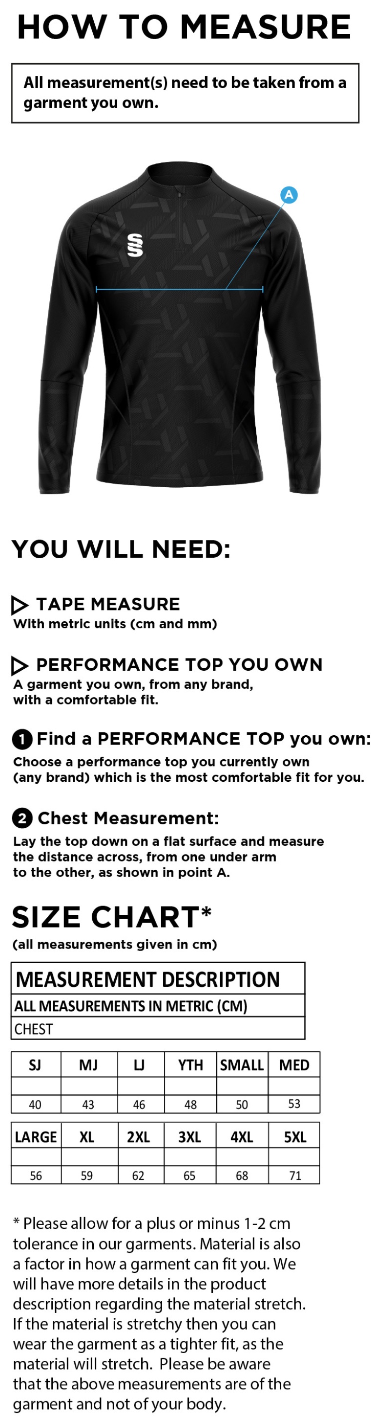Impact 1/4 Zip Performance Top - Men's/Unisex Fit - Size Guide