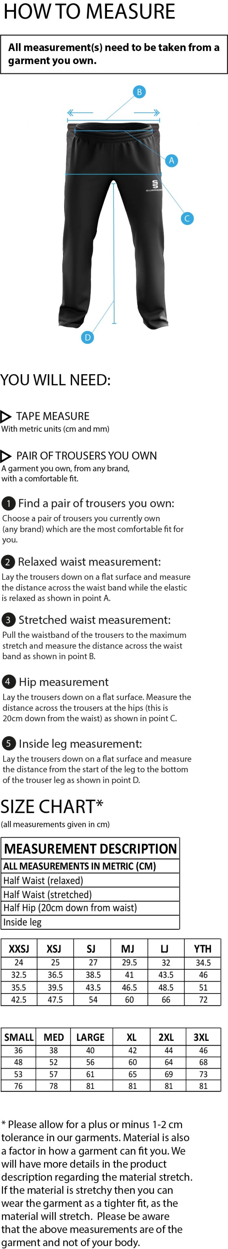 Coleraine CC POPLIN TRACK PANT WITH LYCRA - Size Guide