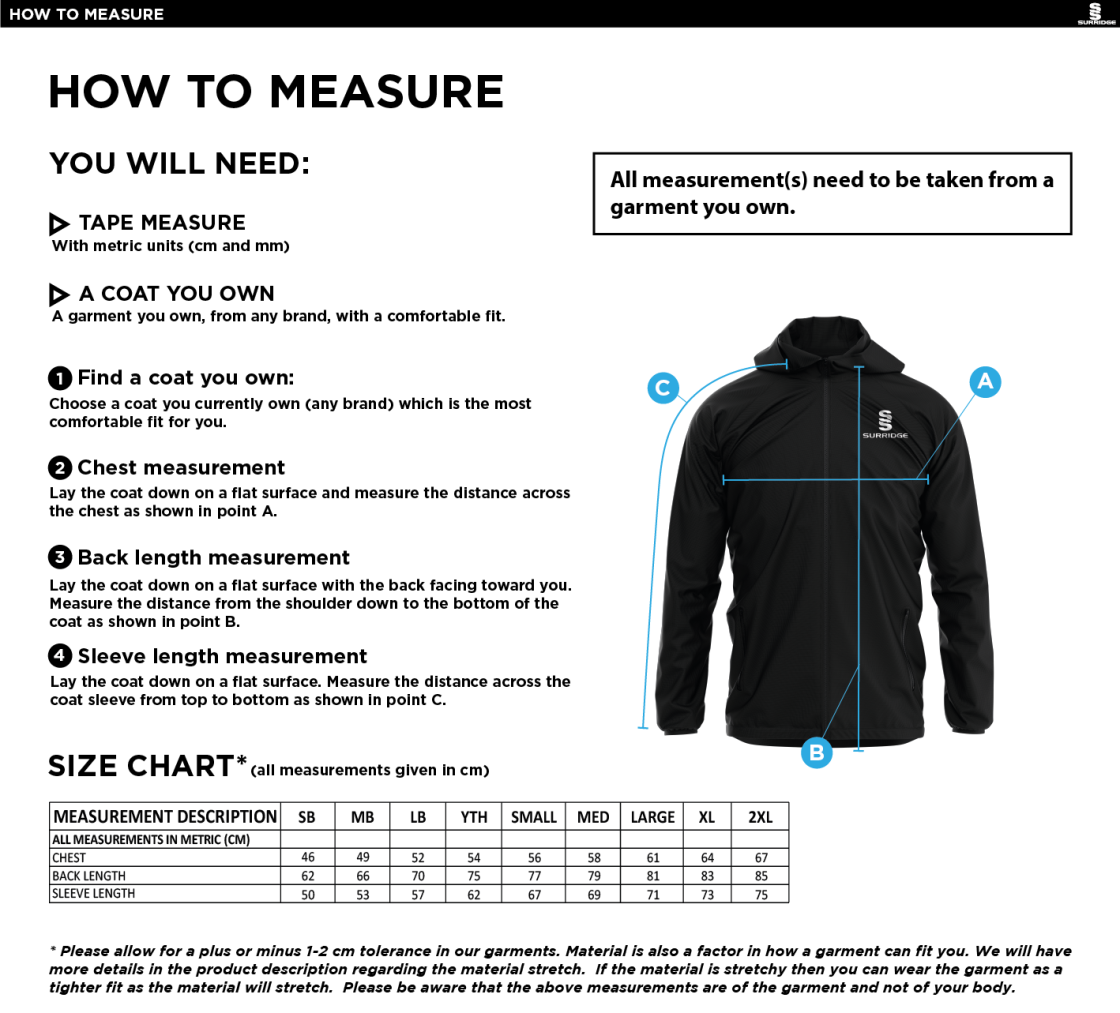Dual Elite 1/4 Zip Hoody / Rain Jacket - Unisex Fit - Size Guide