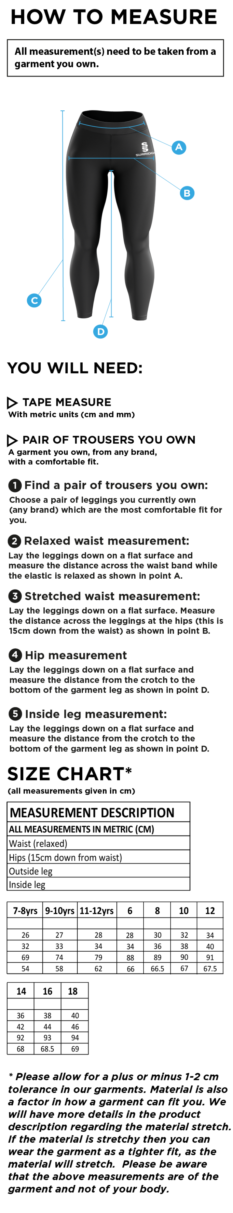 Ballymena CC - Performance Full Length Leggings - Women's Fit - Size Guide