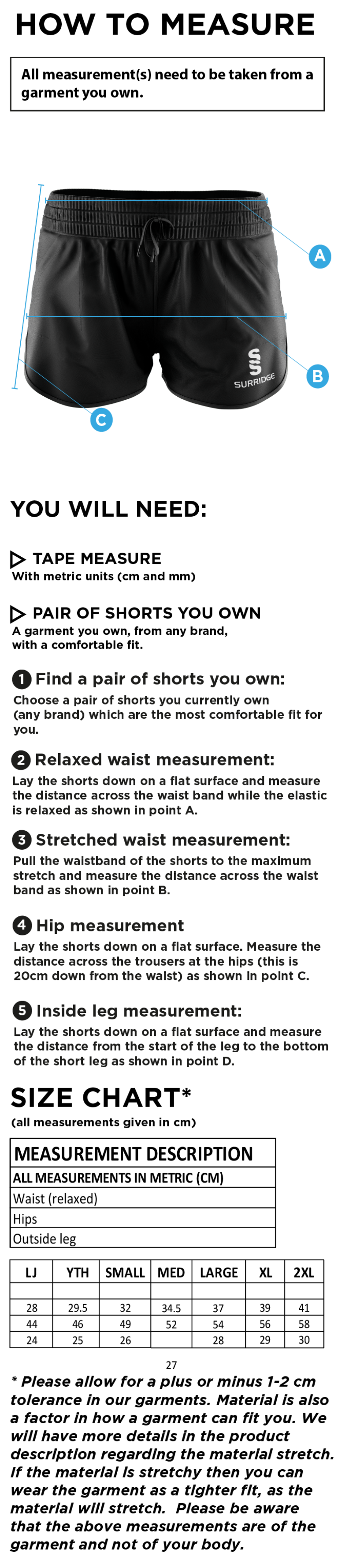 Ballymena CC - Dual Active Short - Unisex Fit - Size Guide