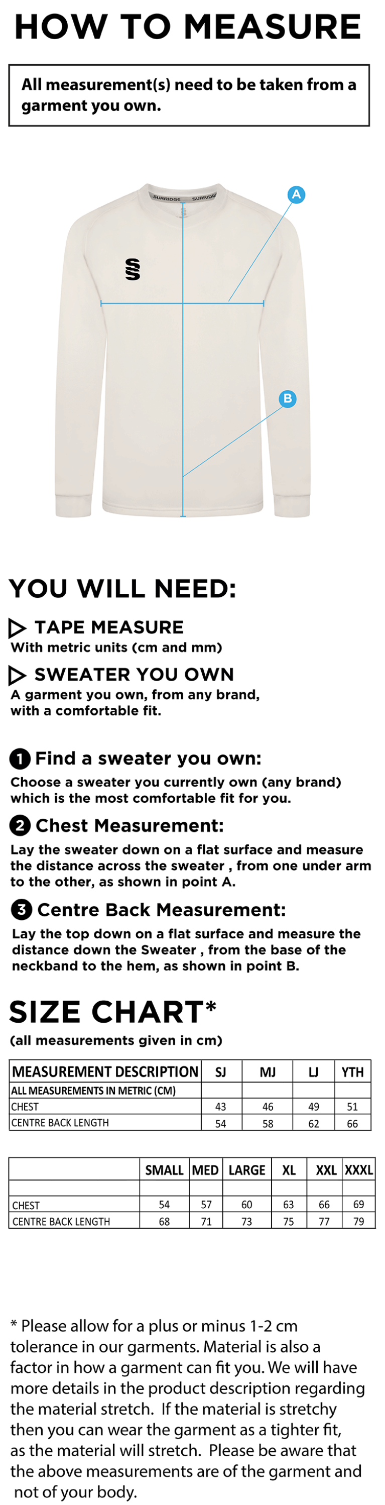 Brackley CC Blast Long Sleeve Cricket Sweater - Size Guide