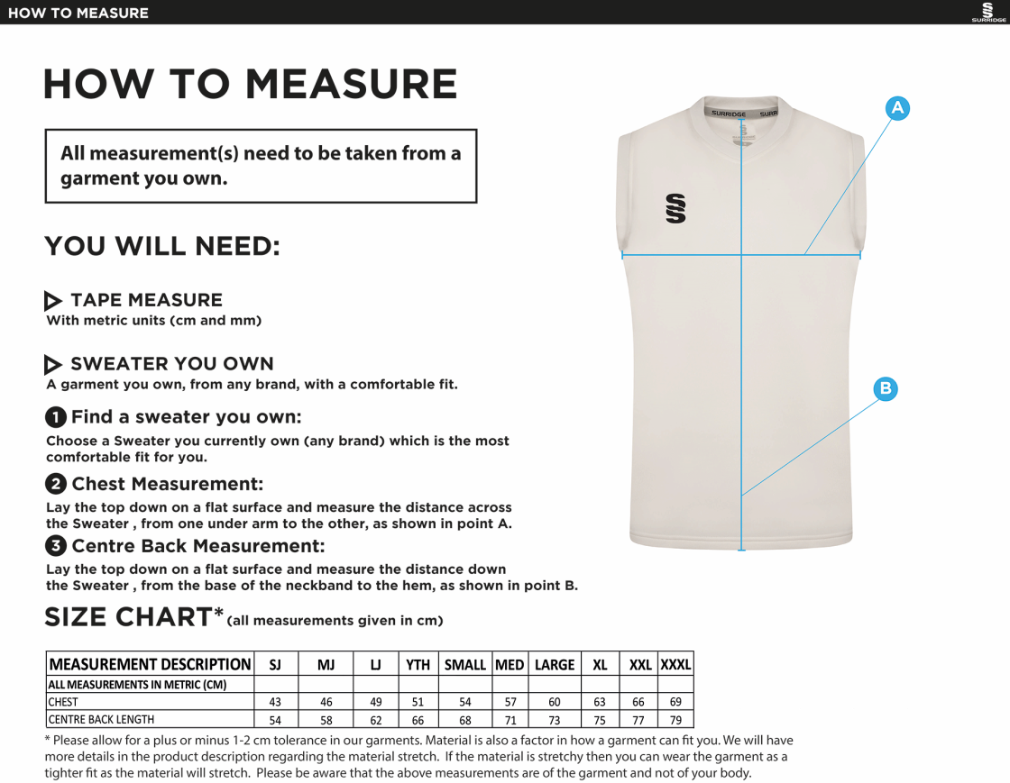 Brackley CC Blast Sleeveless Cricket Sweater - Size Guide