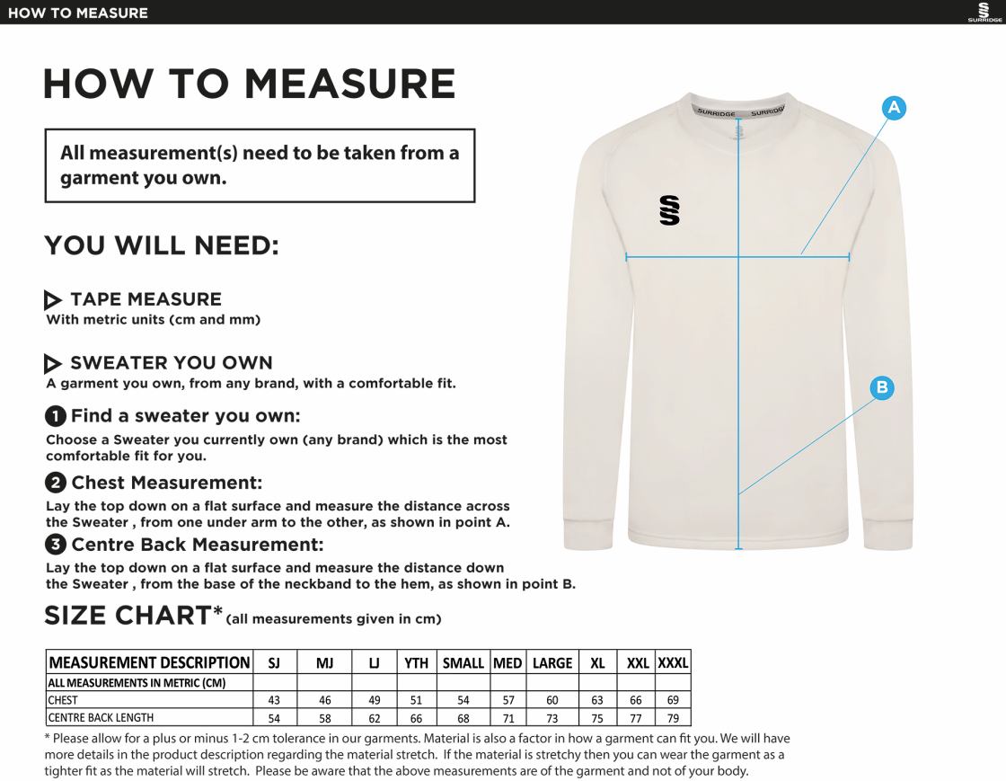 Brackley CC Blast Long Sleeve Cricket Sweater - Size Guide