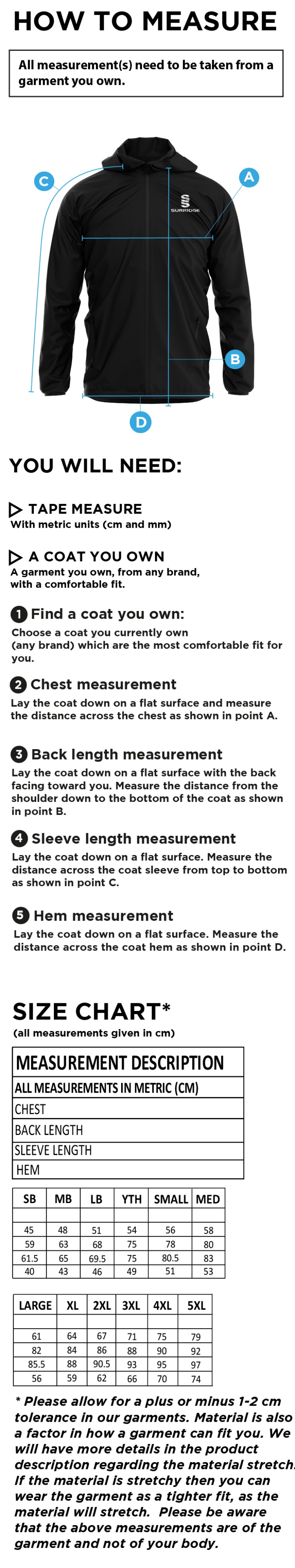 Ballymena CC - Dual Full Zip Training Jacket - Unisex Fit - Size Guide