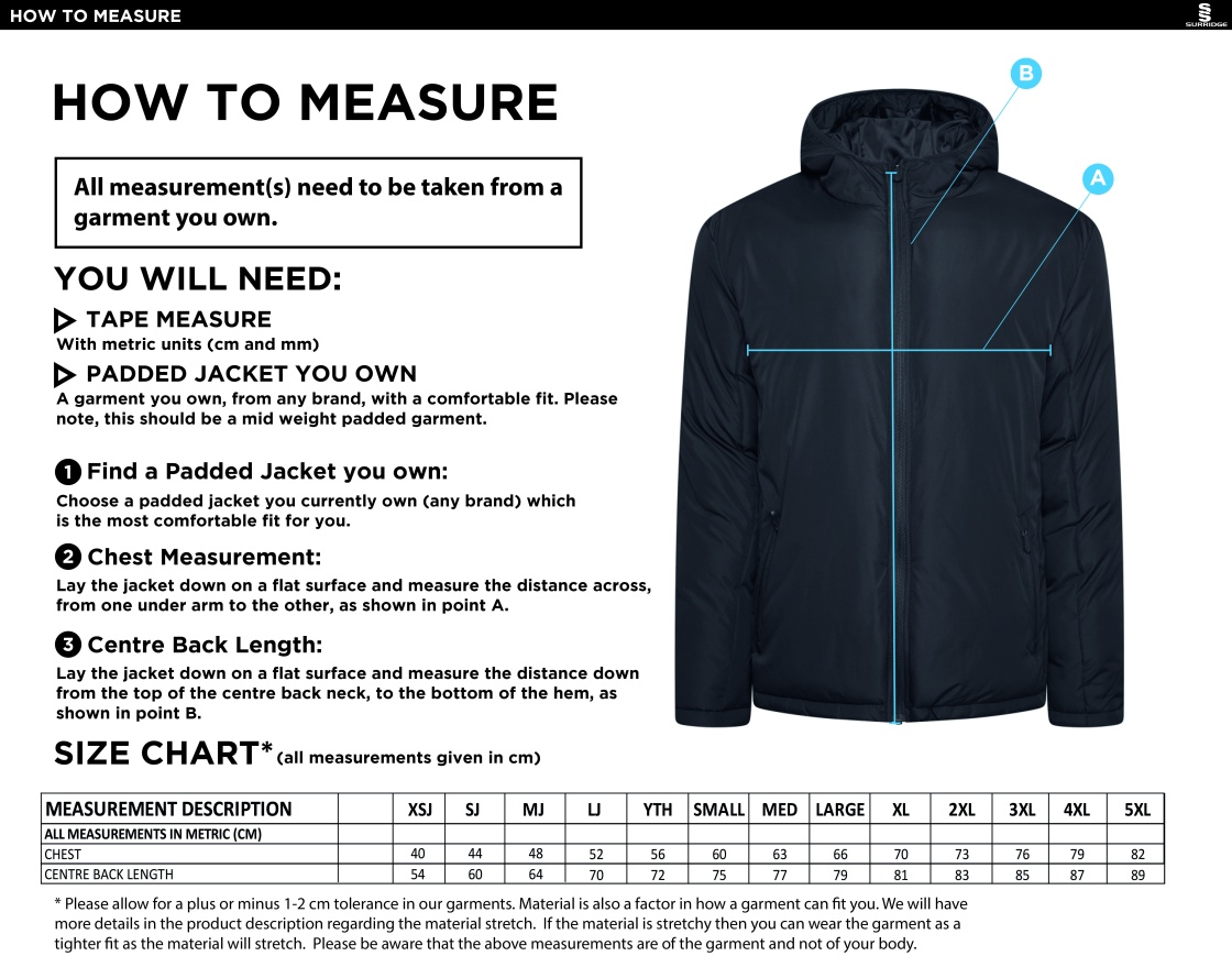 NWCU - Active Padded Jacket - Navy - Size Guide