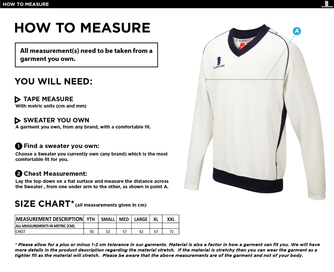 Ballymena CC - Long Sleeved Sweater - Size Guide