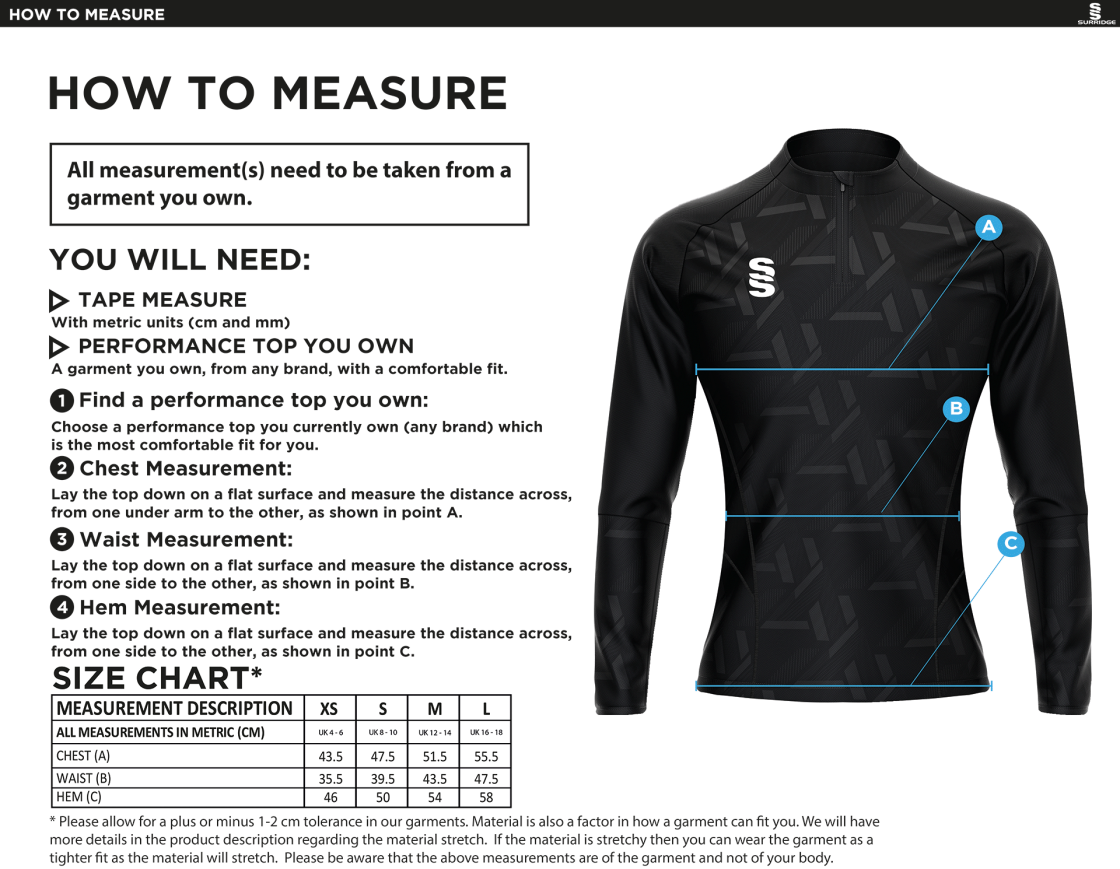 Ballymena CC - Impact 1/4 Zip Performance Top - Women's Fit - Size Guide
