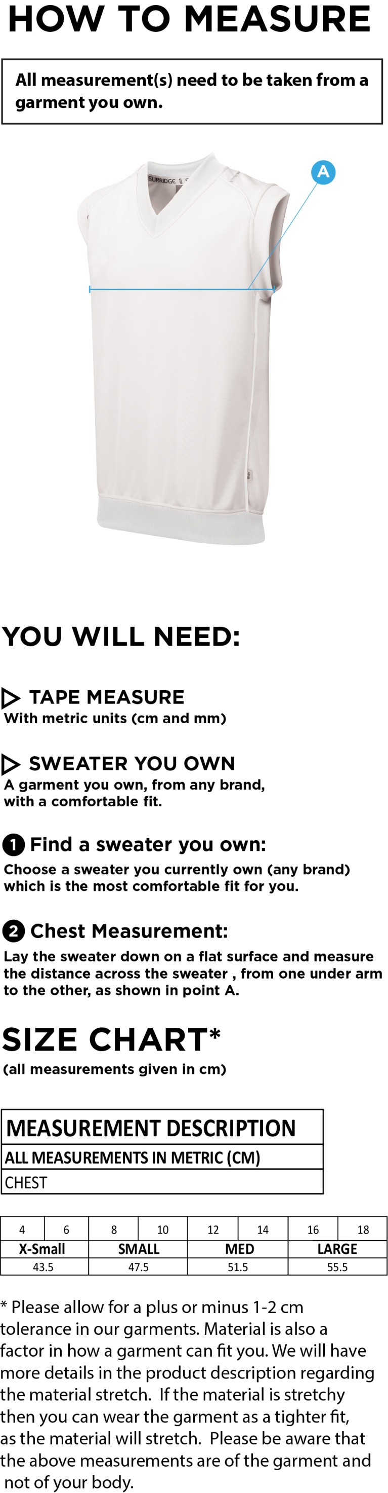 Eglinton CC - Sleeveless Playing Sweater - Women's Fit - Size Guide