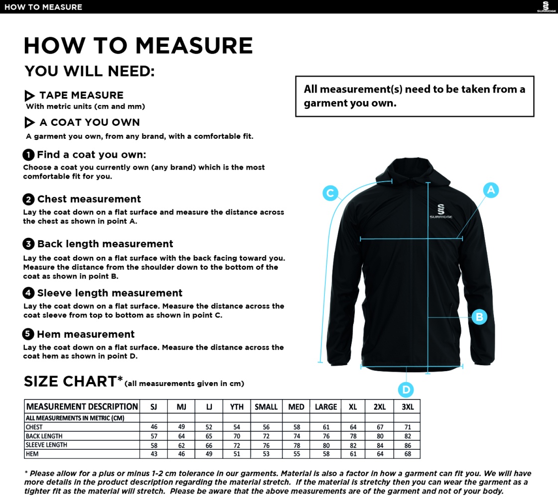 COLERAINE CC Dual Elite 1/4 Zip Hoody / Rain Jacket - Unisex Fit - Size Guide