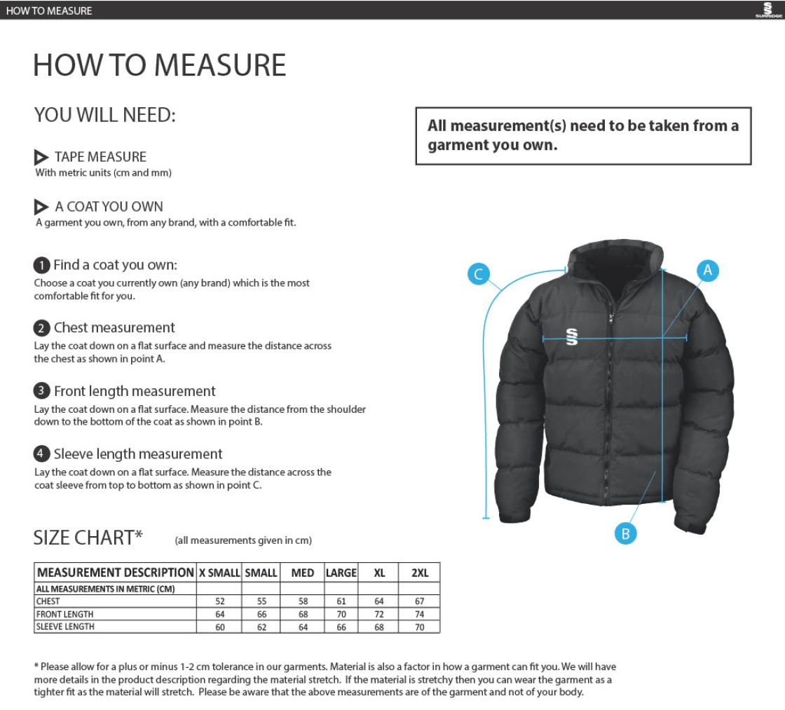 Glendermott CC - Dual Puffa Jacket - Women's Fit - Size Guide