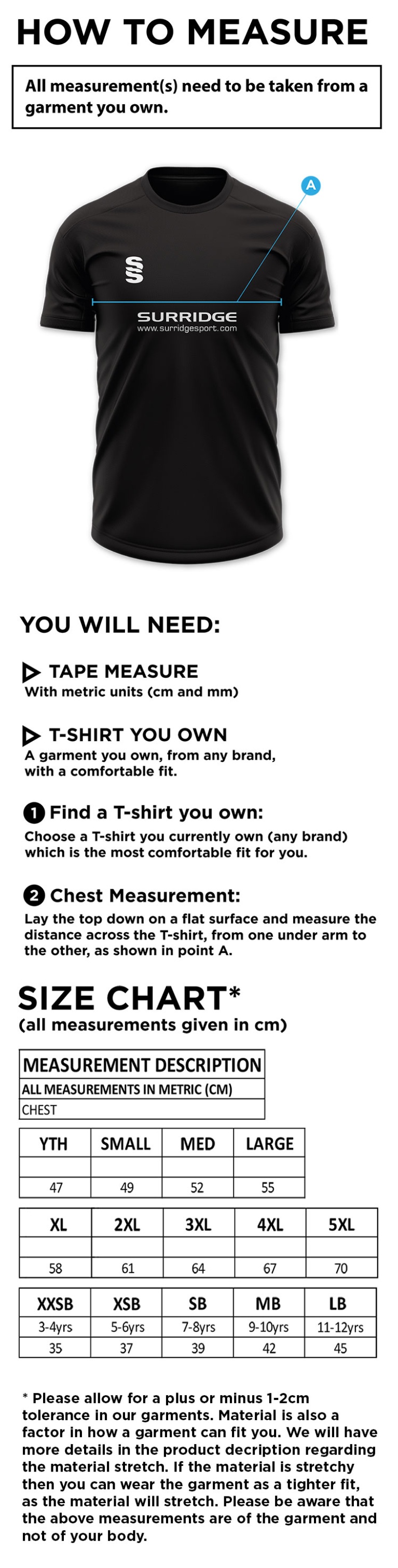 Coleraine CC Dual Games Shirt : Royal - Size Guide