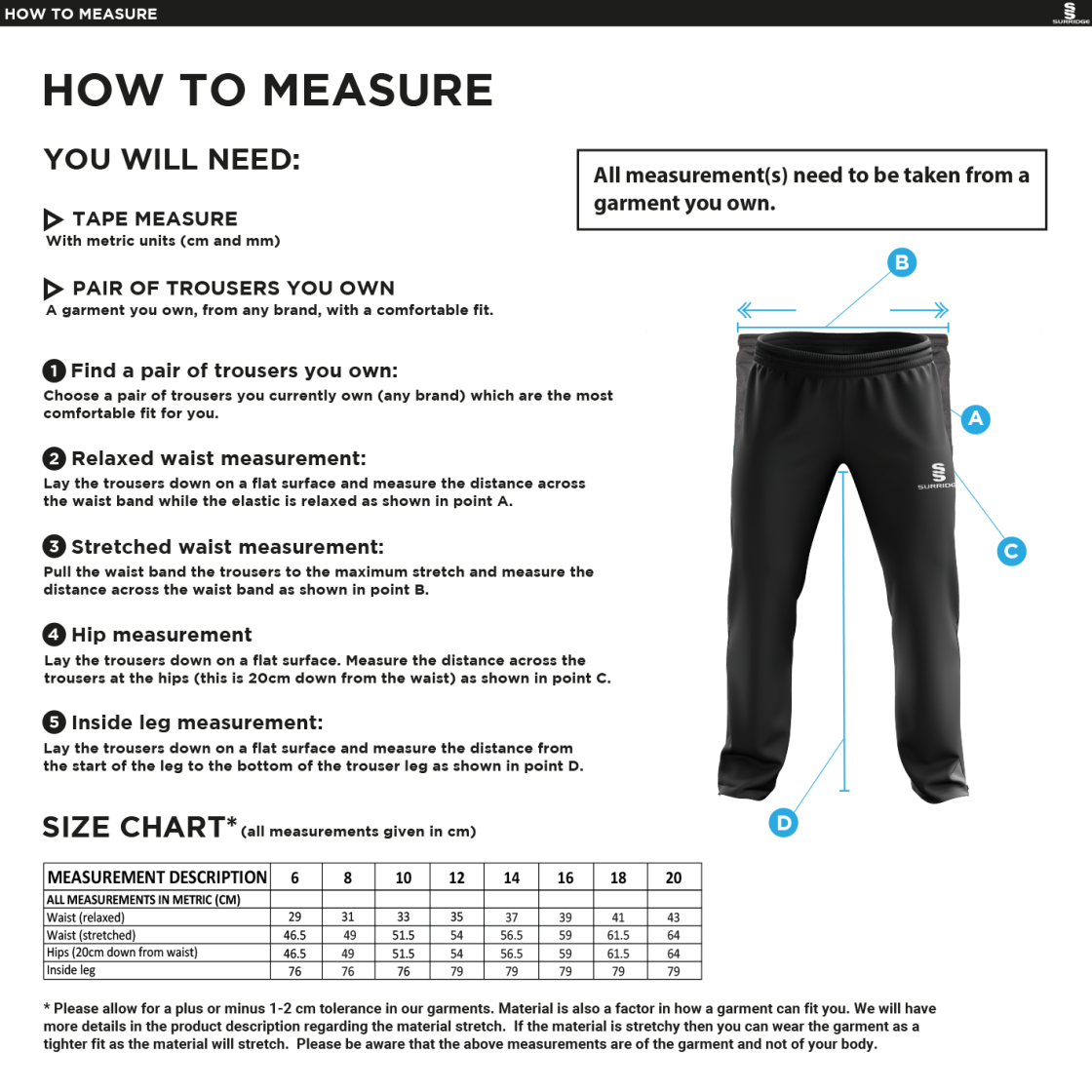 Coleraine CC POPLIN TRACK PANT WITH LYCRA - Women's Fit - Size Guide