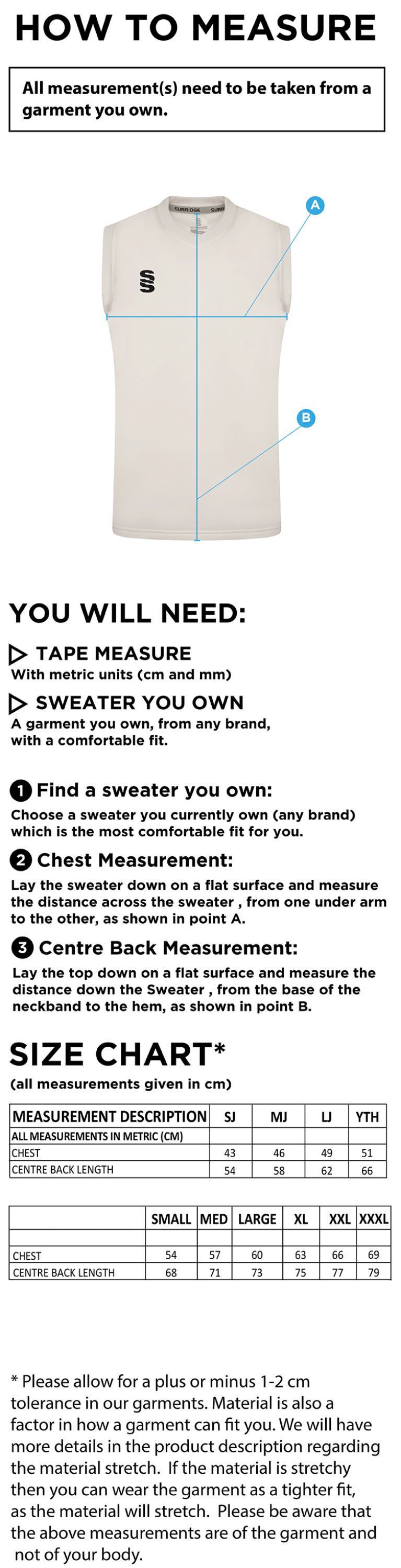 Brackley CC Blast Sleeveless Cricket Sweater - Size Guide