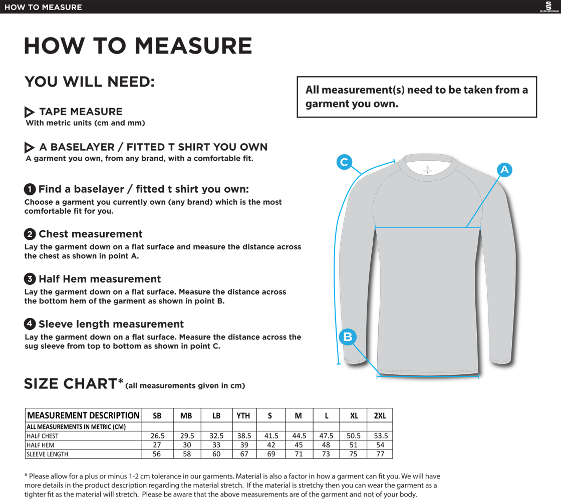 NWCU - NW Warriors - Baselayer Long Sleeve Sug - Unisex Fit - Size Guide