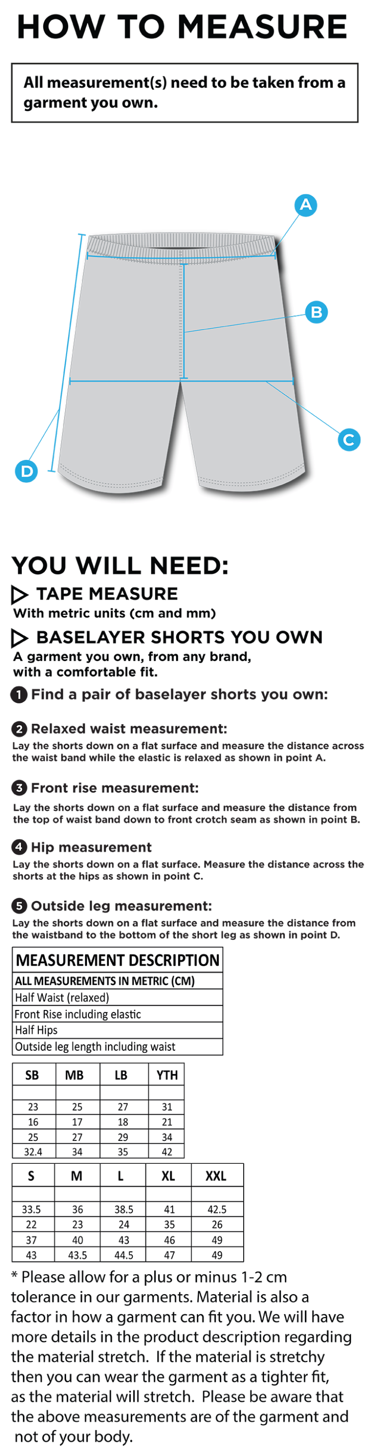 NWCU - NW Warriors - Dual Baselayer Short - Unisex Fit - Size Guide