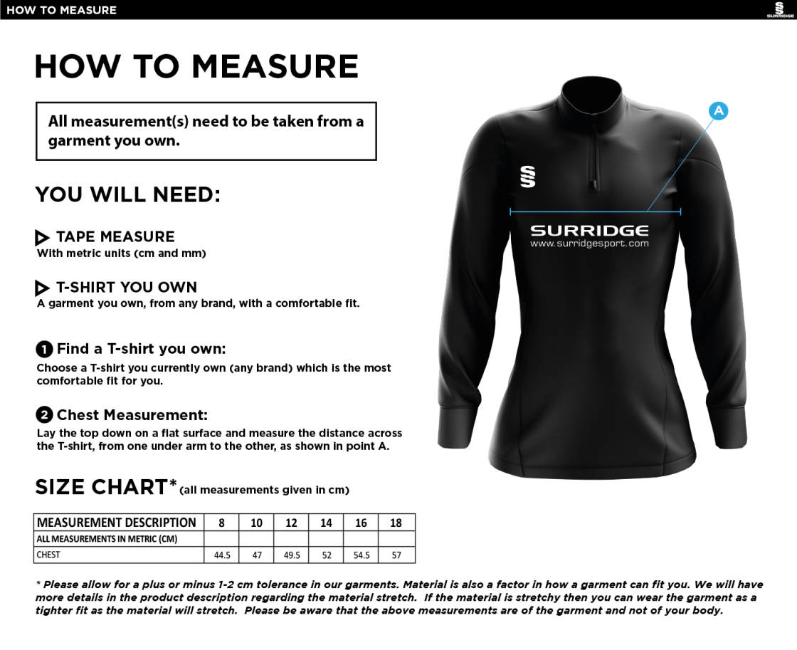 Eglinton CC - Elite 1/4 Zip Performance Top - Women's Fit - Size Guide
