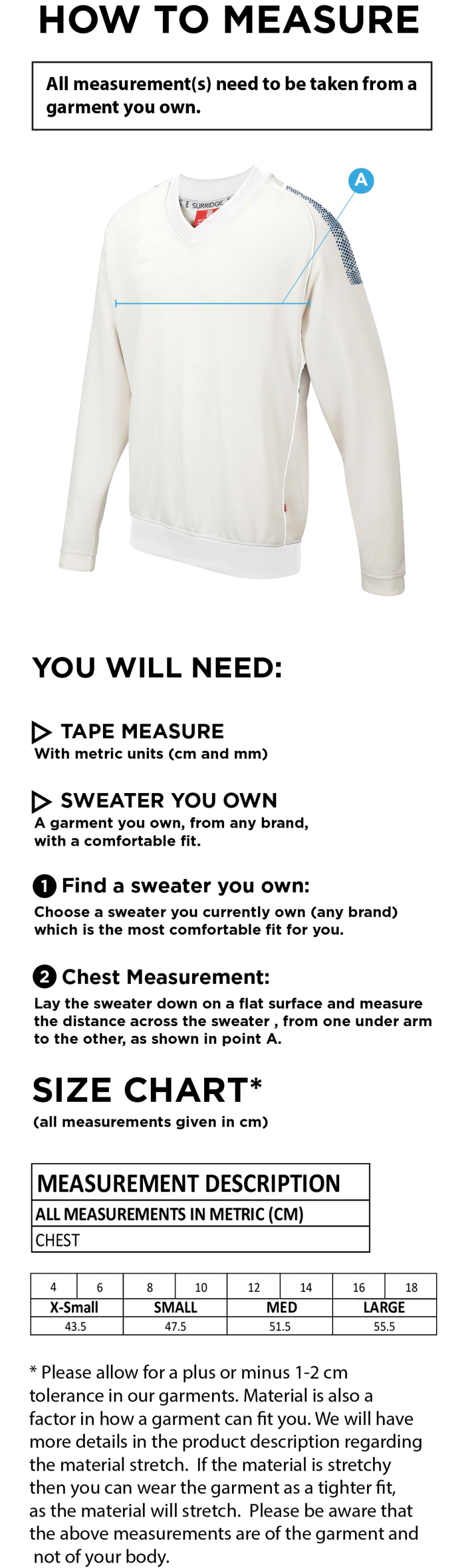 Brackley CC Blast Long Sleeve Cricket Sweater - Size Guide
