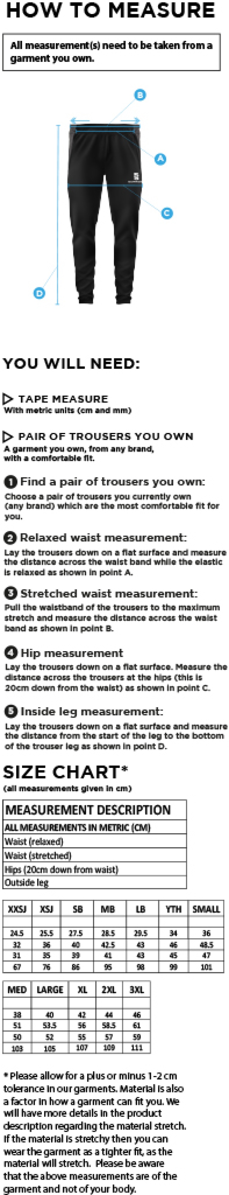 Skinny Pant - Unisex Fit - Size Guide