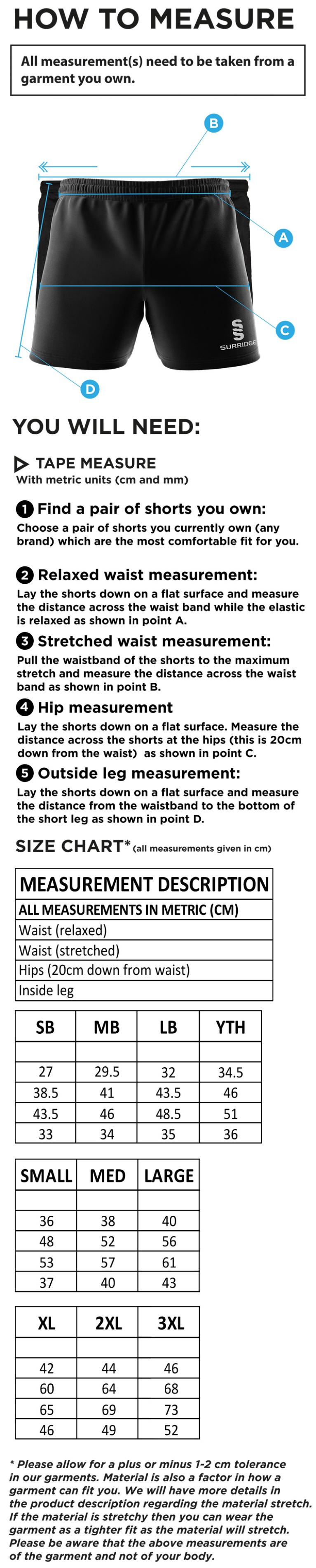 Performance Gym Short - Unisex Fit - Size Guide