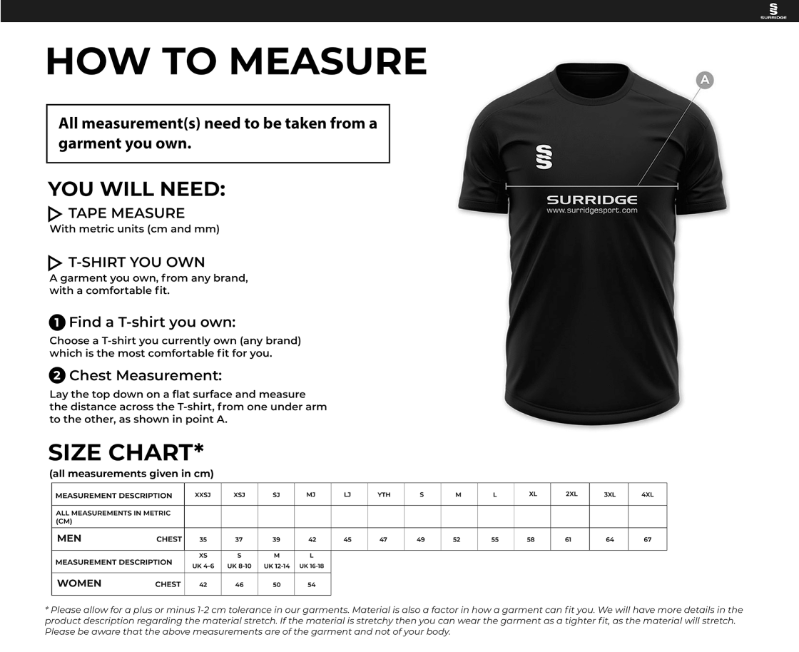 Ballymena CC - Short Sleeved Polo T-Shirt - Size Guide