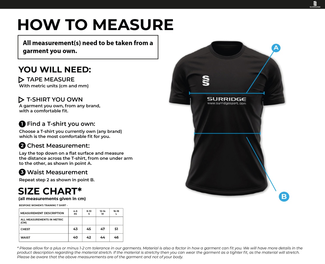 Ballymena CC - Tempo T-Shirt - Black/Red - Women's Fit - Size Guide