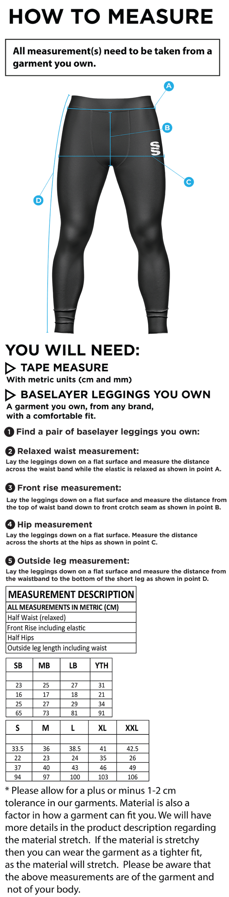 Cooke Collegians CC - Dual Baselayer Legging - Men's Fit - Size Guide