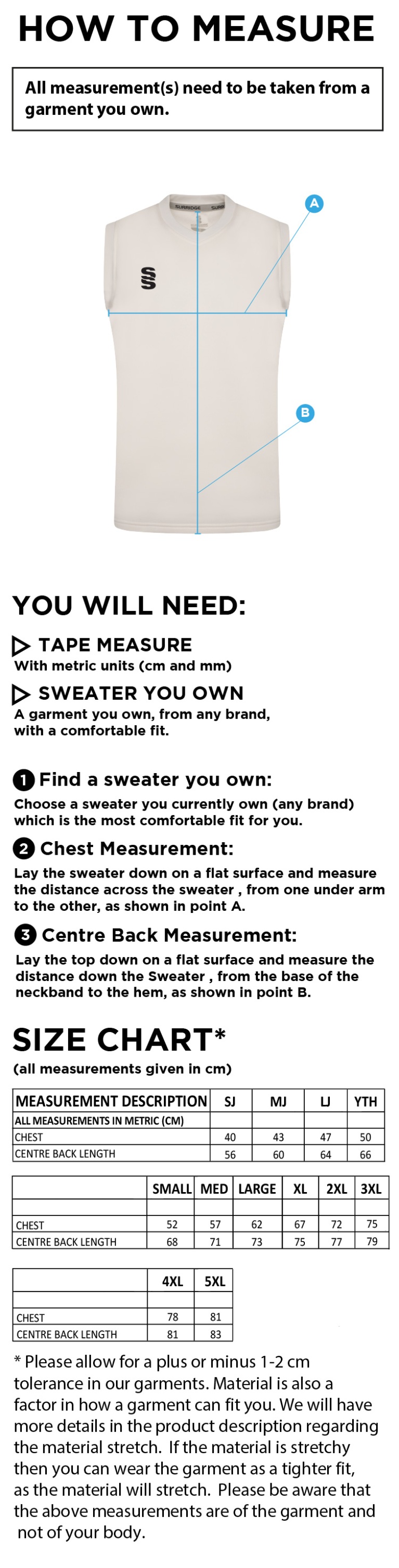 Ballymena CC - Sleeveless Sweater - Size Guide