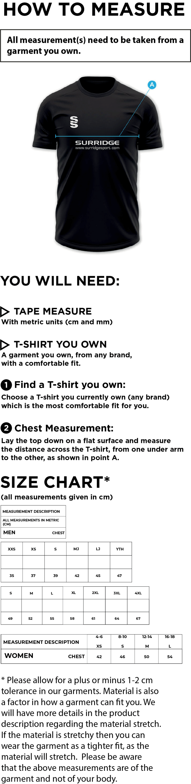 Ballymena CC - Short Sleeved Polo T-Shirt - Size Guide