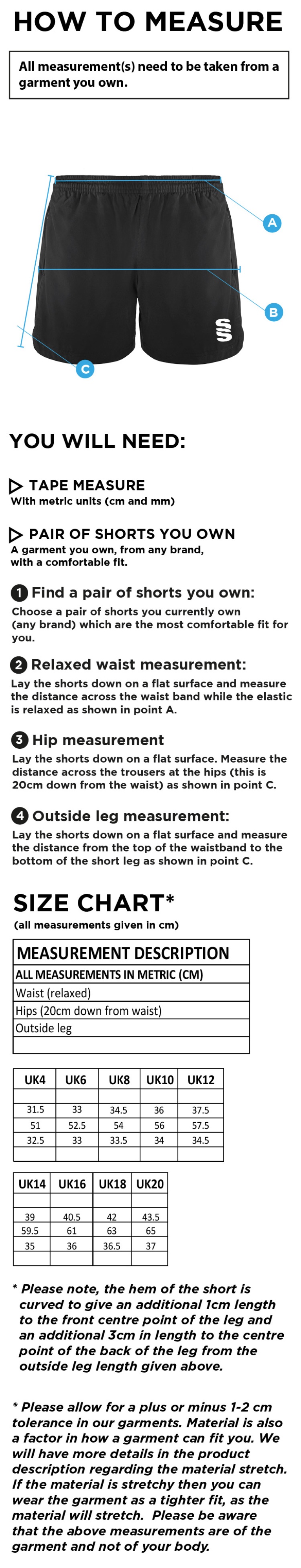 Coleraine CC Performance Gym Short : Black - Women's Fit - Size Guide