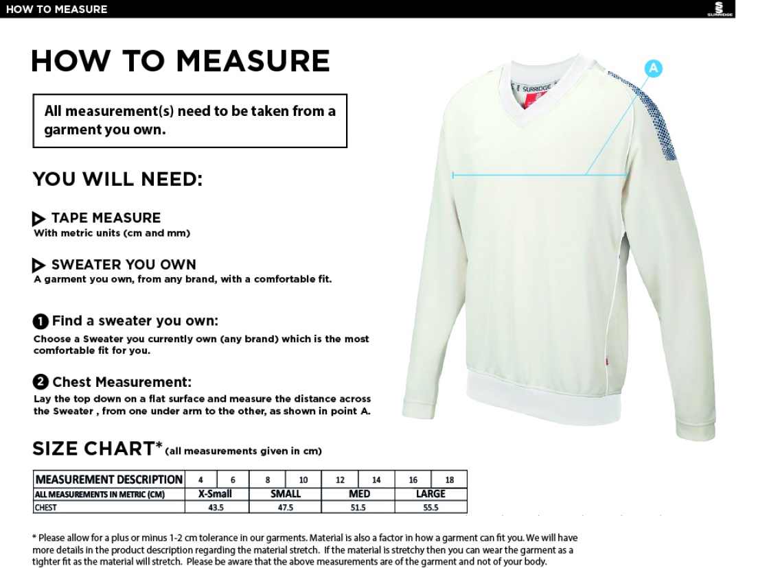 Brackley CC Blast Long Sleeve Cricket Sweater - Size Guide