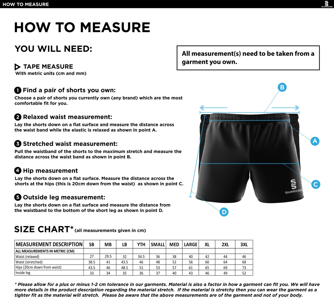 Ballymena CC - Performance Gym Short - Unisex Fit - Size Guide