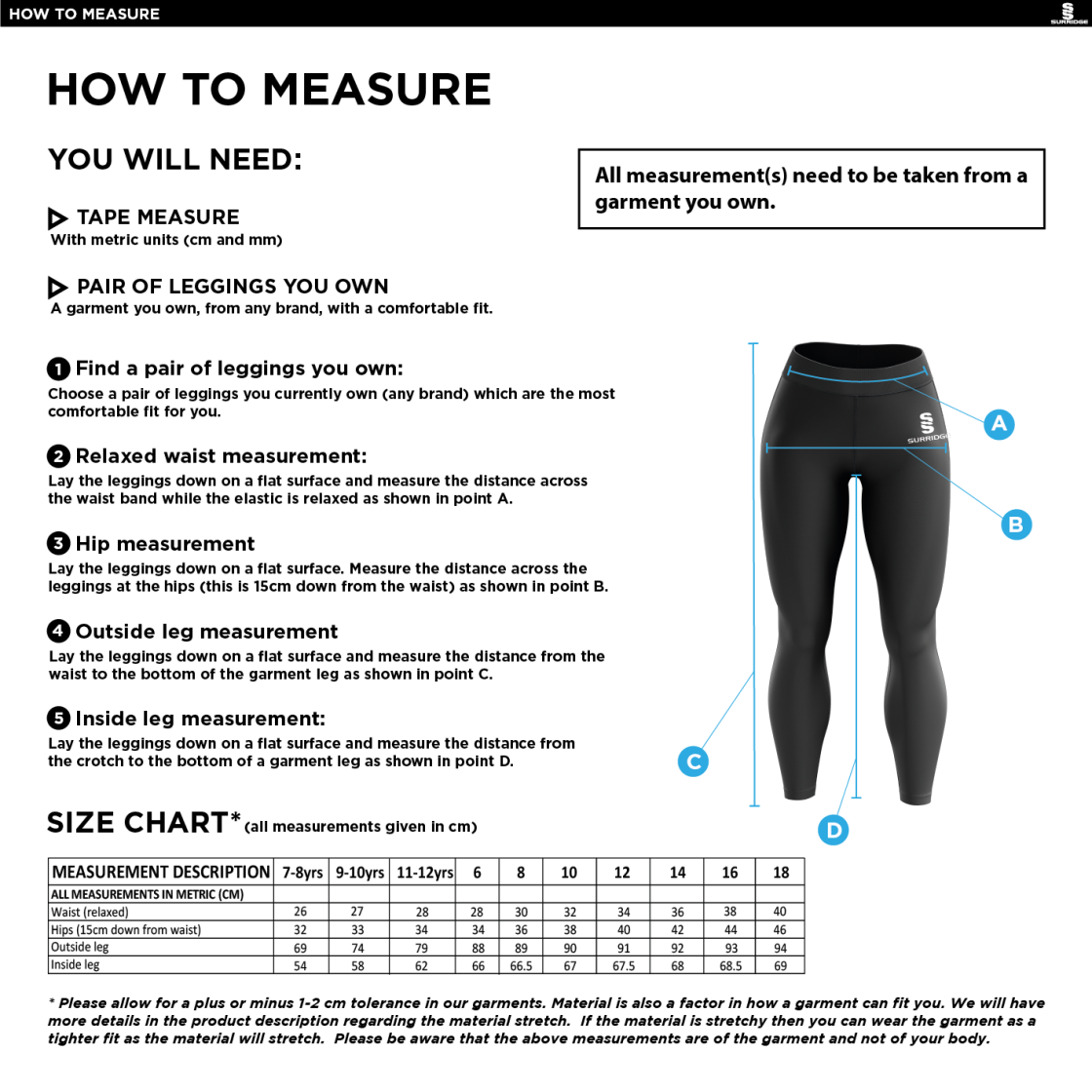 Brackley CC Performance Full Length Leggings : Navy - Size Guide
