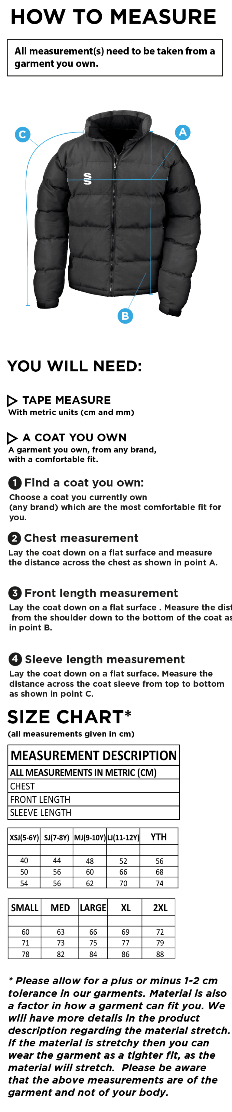 Eglinton CC - Dual Puffa Jacket - Unisex Fit - Size Guide