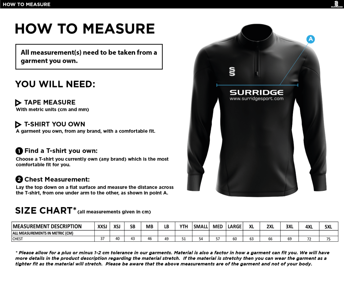 Eglinton CC - Elite 1/4 Zip Performance Top - Unisex Fit - Size Guide