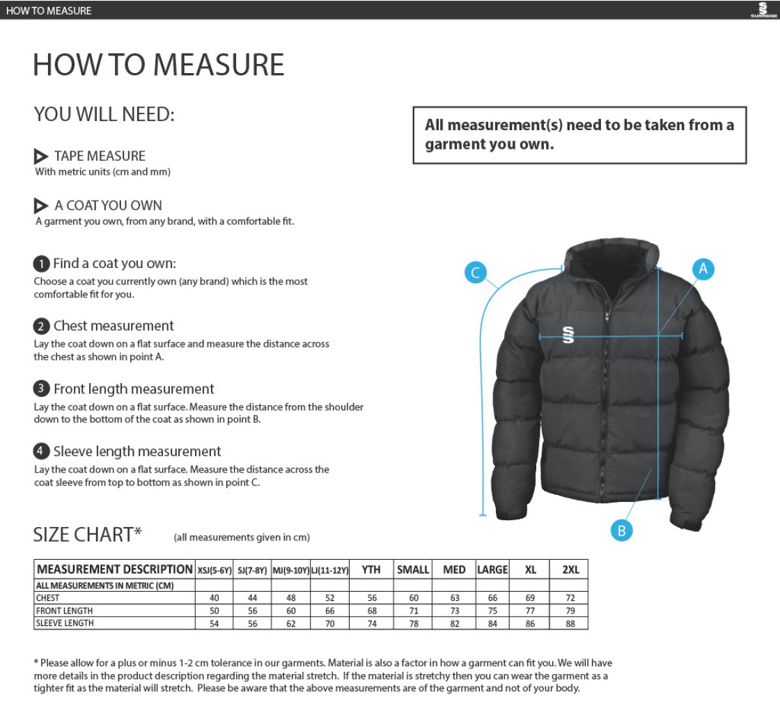Eglinton CC - Dual Puffa Jacket - Unisex Fit - Size Guide