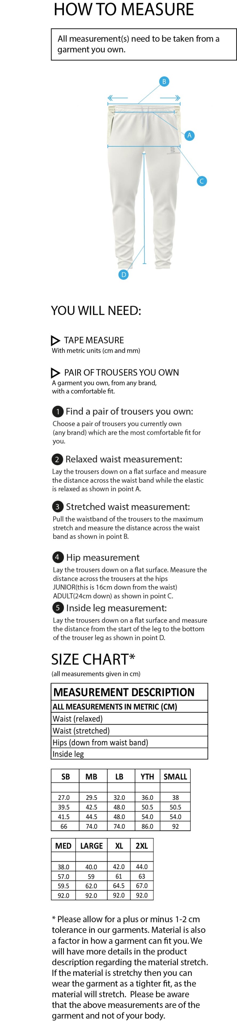 Coleraine CC Blade Playing Pant : Royal - Size Guide