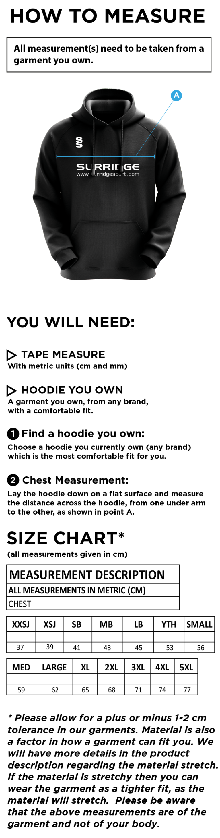 Brackley CC - Fuse Hoody - Black / White - Size Guide