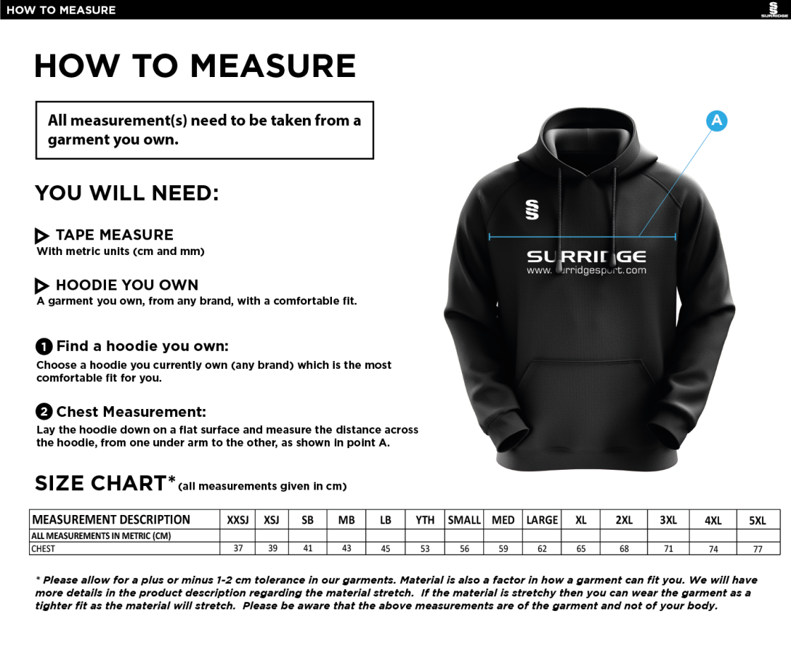 Brackley CC - Fuse Hoody - Black / White - Size Guide