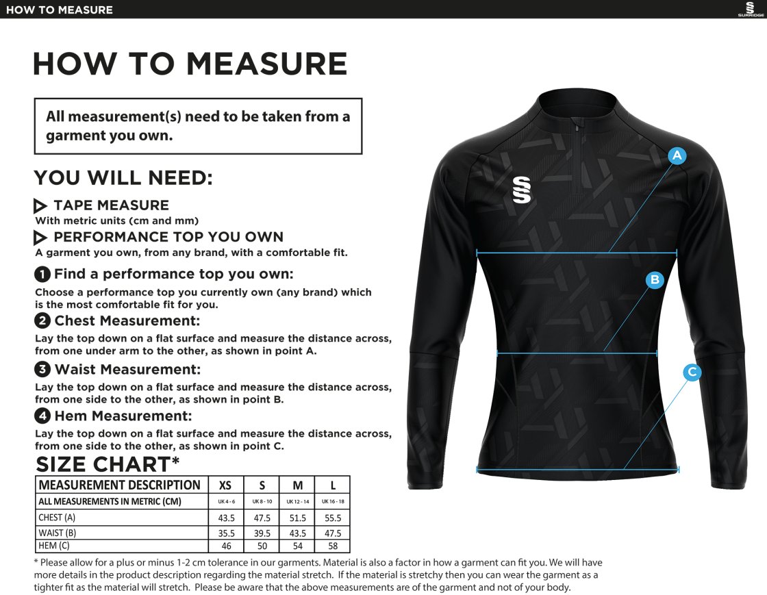 Ballymena CC - Tempo Performance Top - Black Red - Women's Fit - Size Guide