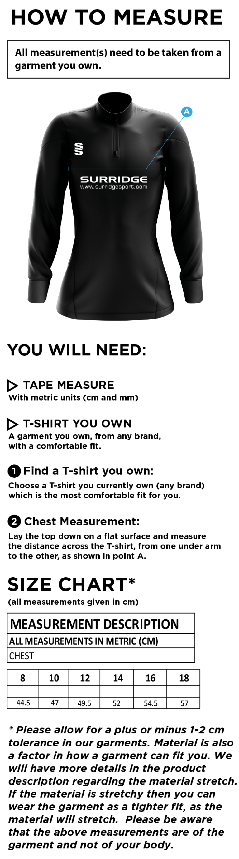 Ballymena CC - Tempo Performance Top - Black Red - Women's Fit - Size Guide