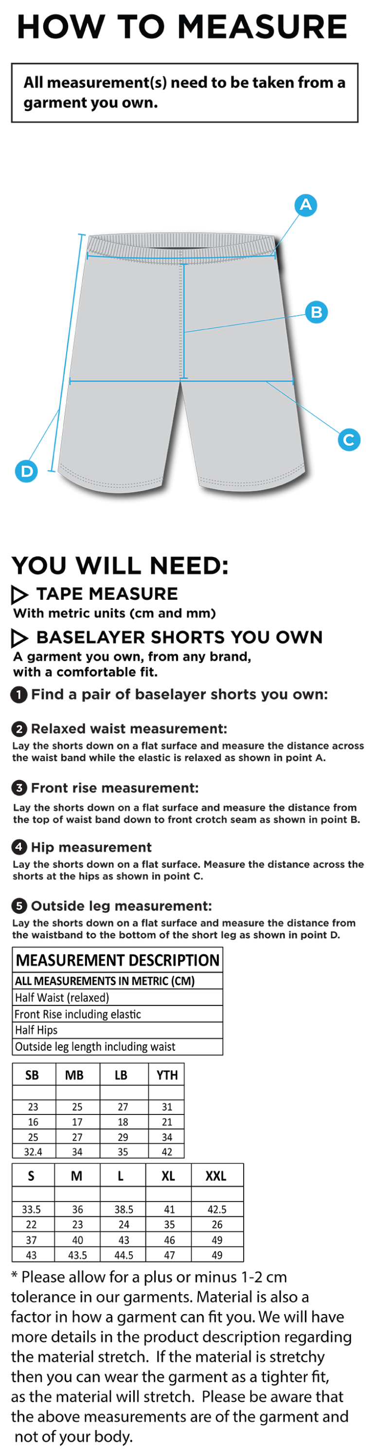 Cooke Collegians CC - Dual Baselayer Short - Unisex Fit - Size Guide